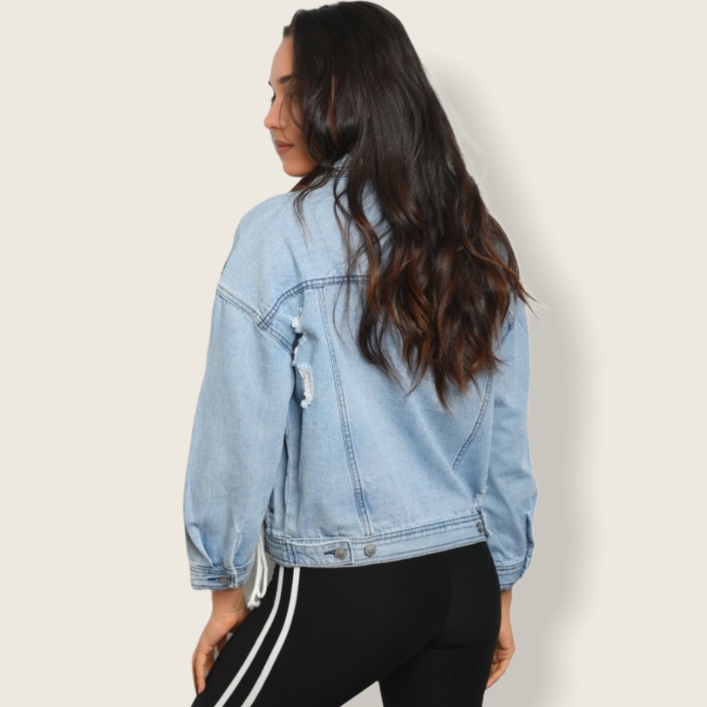 NEW Light Wash Lace-Up Distressed Denim Jacket - Picture 2 of 3